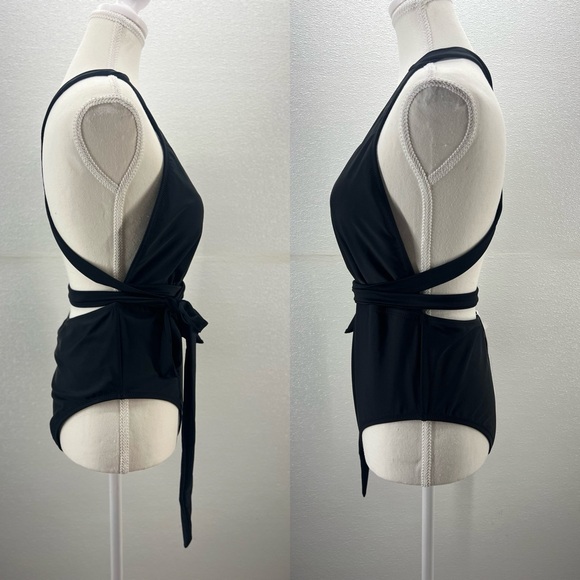 NWT Women's Deep V Neck Crisscross Back Self Tie One-piece Swimsuit SIZE LARGE - Picture 7 of 17